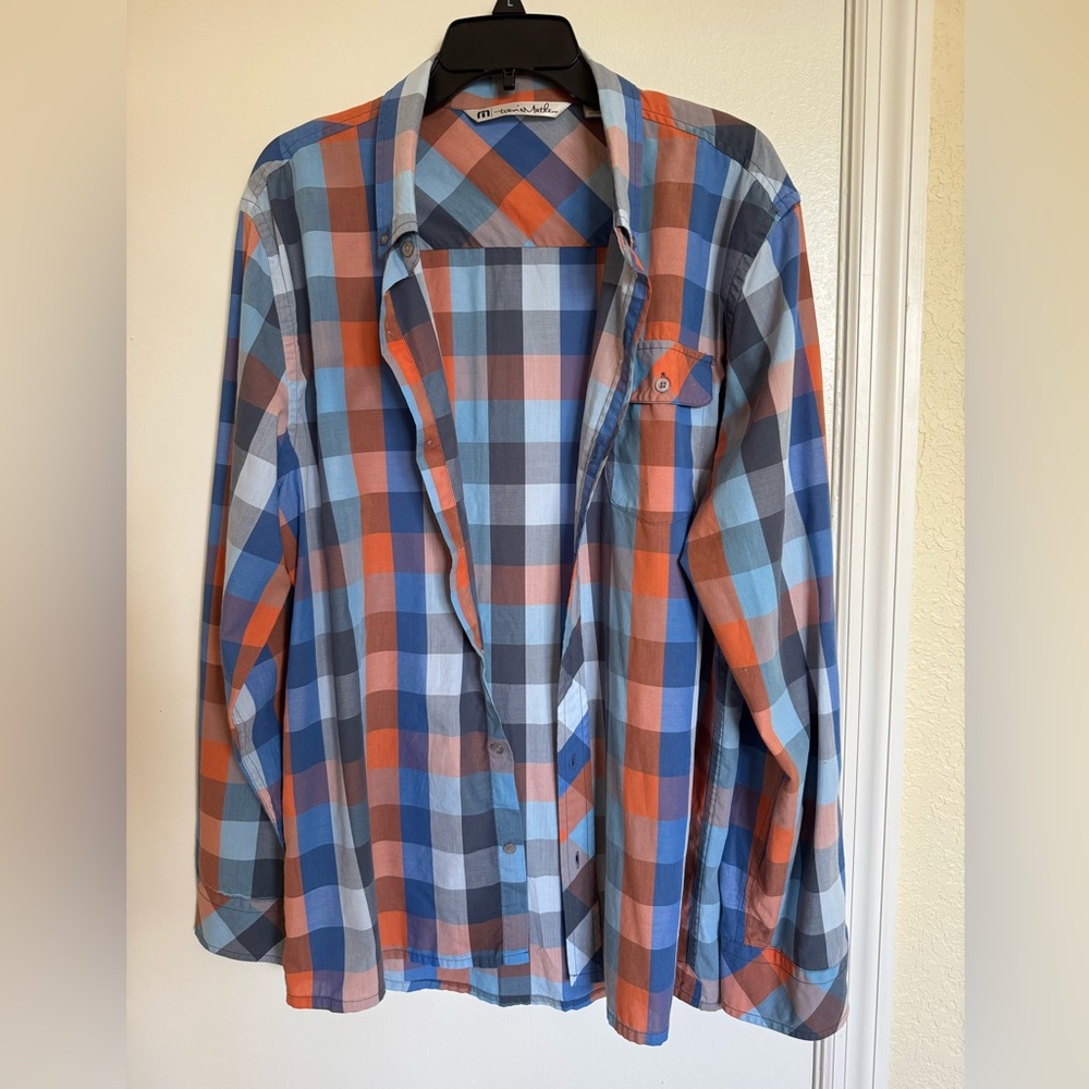 Travis Mathew Blue and Orange Plaid Shirt, XL🦋